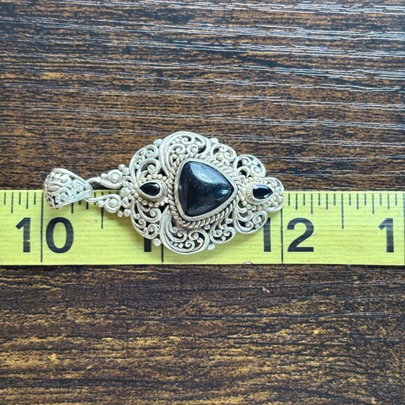 VTG Sterling Silver 925 Black Onyx Bezel Set Scroll Pendant Size 2" Length - Picture 7 of 9